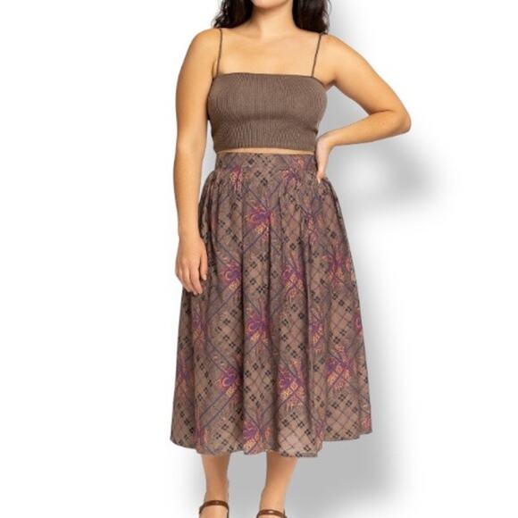 Vintage Dresses & Skirts - Vintage 90s Flowing Midi Skirt Taupe Purple Paisley Lattice Plaid Print Romantic